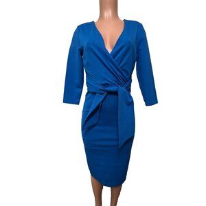 Boden 3/4 Sleeve Faux Wrap Tie Front Sheath Dress Women's Size 6 Blue Stretch